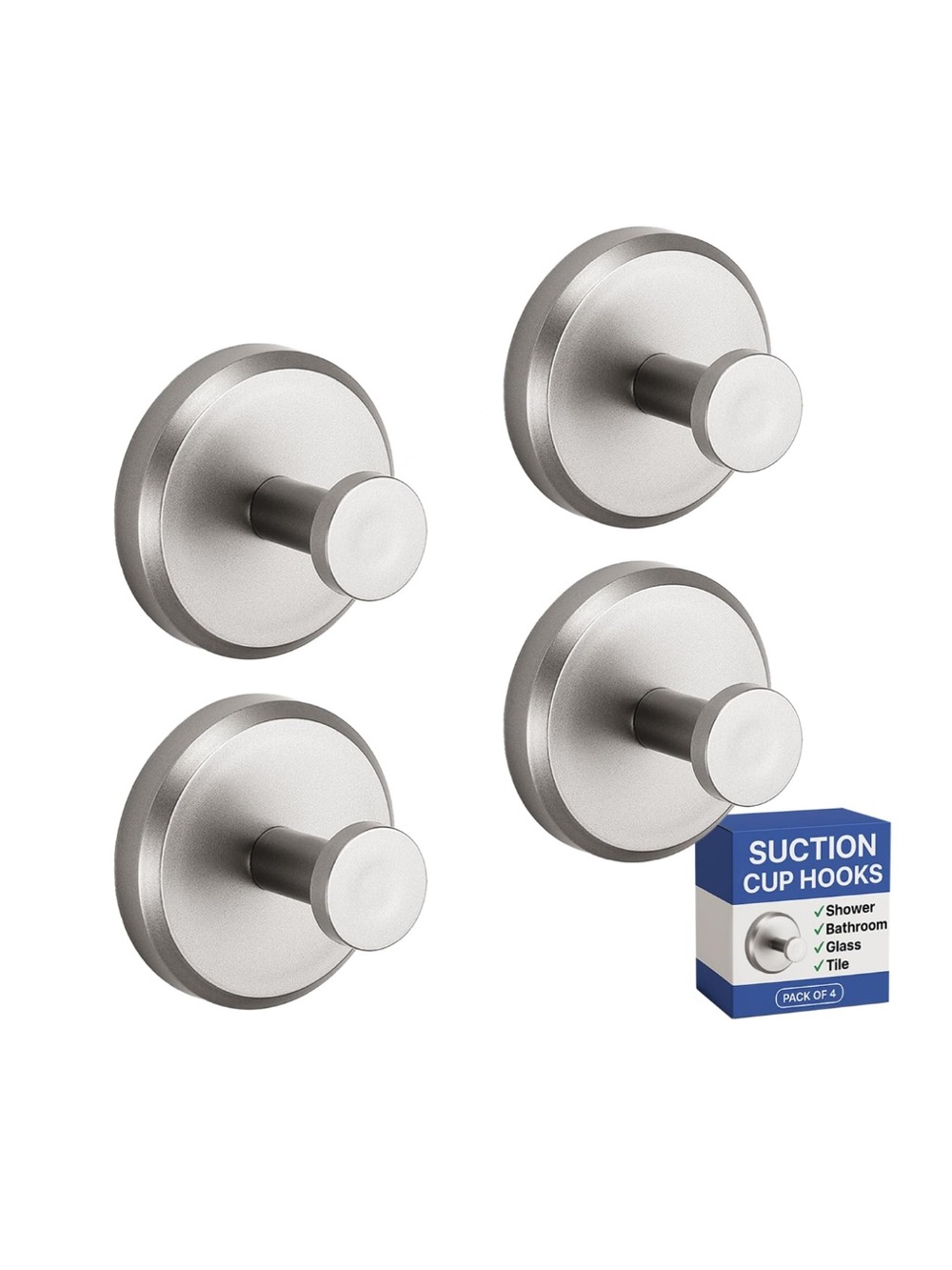 HOME SO Suction Cup Hooks Shower & Bathroom Towel Holder 4-Pack Brushed Nickel